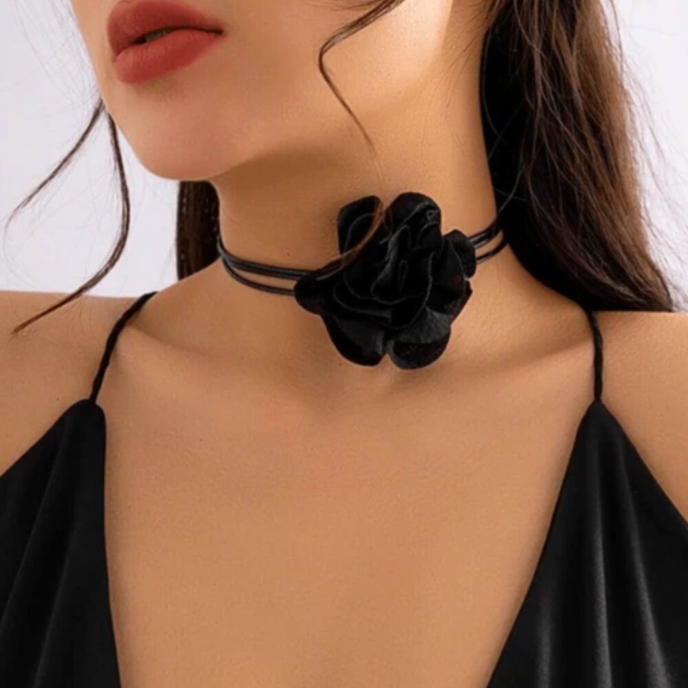 Black Flower Choker Necklace Blossom with Black Cord One Size Fits All NEW